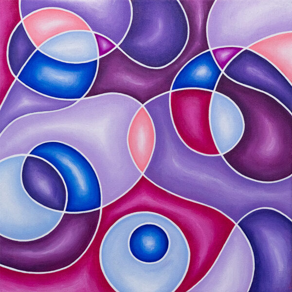 Geometric abstract with intersecting white curved lines and shades of purple