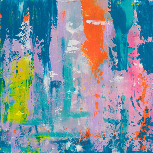 Abstract work with layered blue, teal, and orange textures