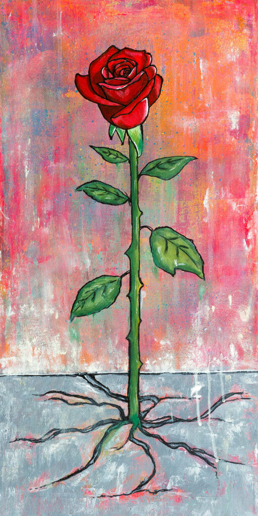 Mixed media painting with vivid brushstrokes and central red rose