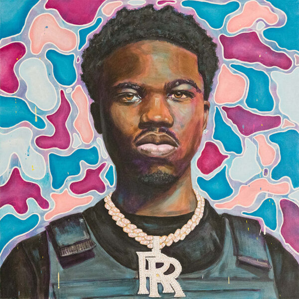 Painting of a rapper roddy ricch with pink camo background