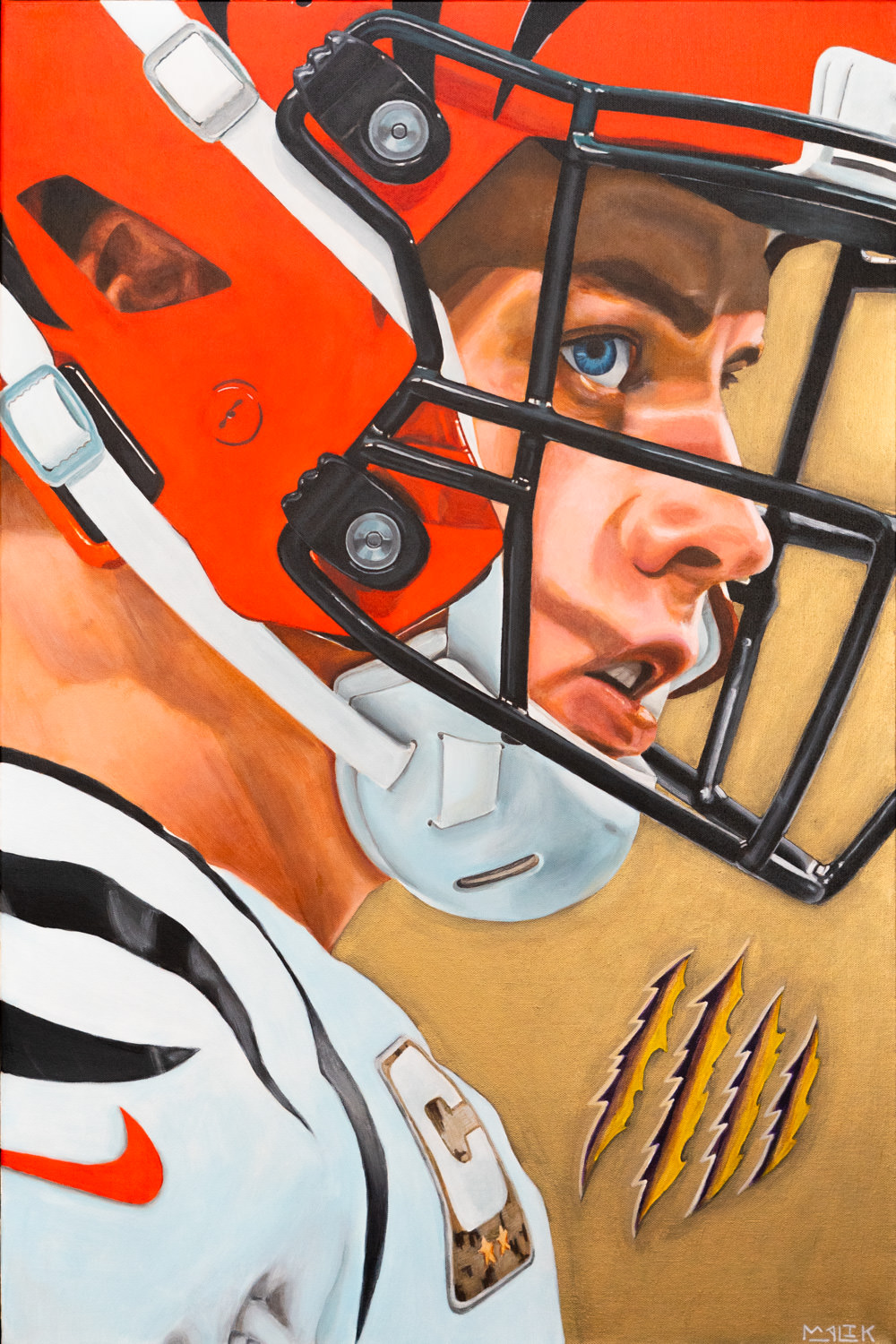 Portrait of nfl quaterback Joe Burrow with gold background an tiger stripes