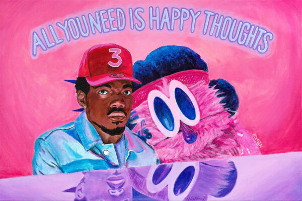 Chance the Rapper portrait painting by Jamaal Malik featuring a magenta background and expressive mixed media detail