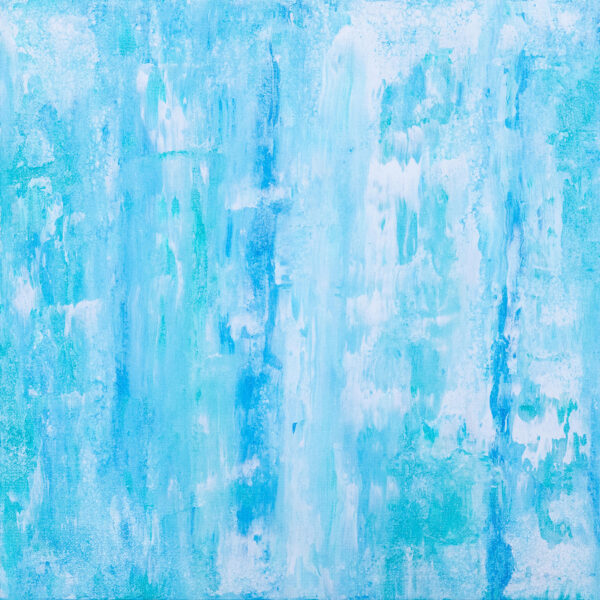 Aqua abstract painting by Jamaal Malik featuring layered blue, turquoise, and white tones inspired by water, light, and coastal landscapes.