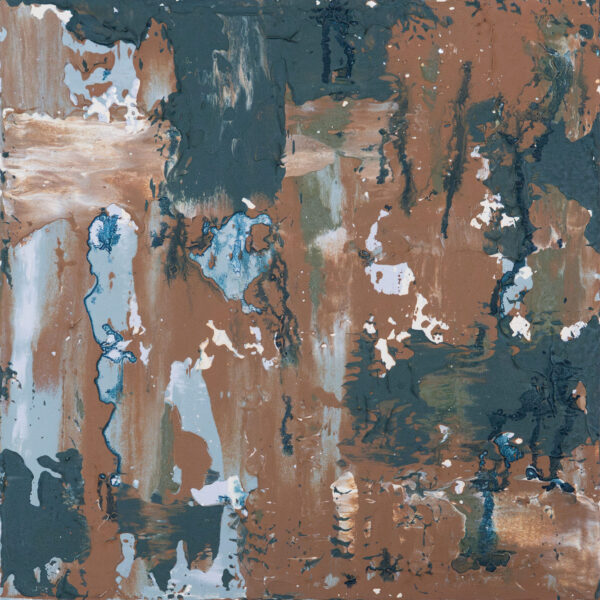 Sediment abstract painting by Jamaal Malik featuring layered earth tones, mineral blues, textured surfaces, and weathered marks inspired by memory and natural erosion.