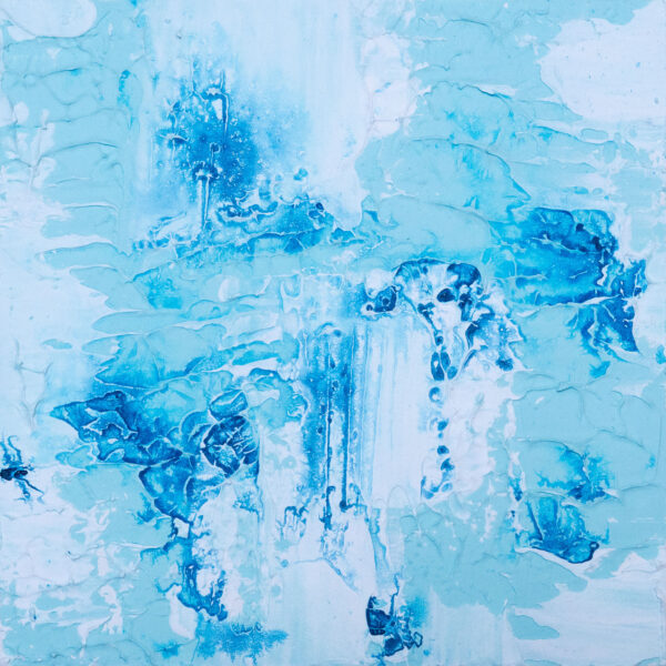 Tide abstract painting by Jamaal Malik featuring layered blues, turquoise tones, and textured mixed media surfaces inspired by water and coastal landscapes.