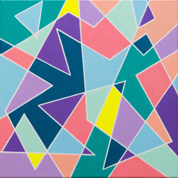 Vibrant Harmonies original geometric abstract painting by Jamaal Malik featuring colorful interlocking shapes in pink, teal, lavender, blue, and yellow.