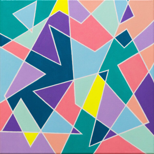 Vibrant Harmonies original geometric abstract painting by Jamaal Malik featuring colorful interlocking shapes in pink, teal, lavender, blue, and yellow.